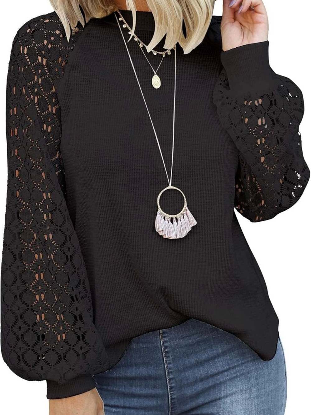 NWT black waffle knit blouse with an oversized relaxed fit, sheer floral lace lo